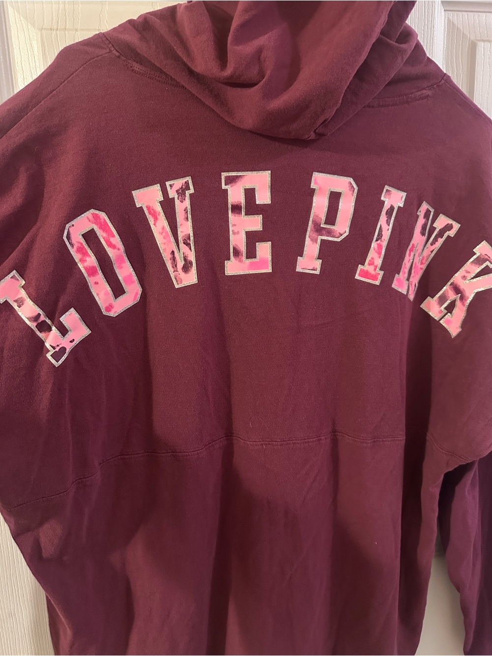 PINK Victoria's Secret Maroon Hoodie with Pink Graphic Letters